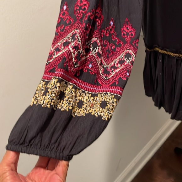 Free People Wild One Peasant Mini Dress SizeS Black Gold Embroidered Drop Waist - Picture 7 of 16